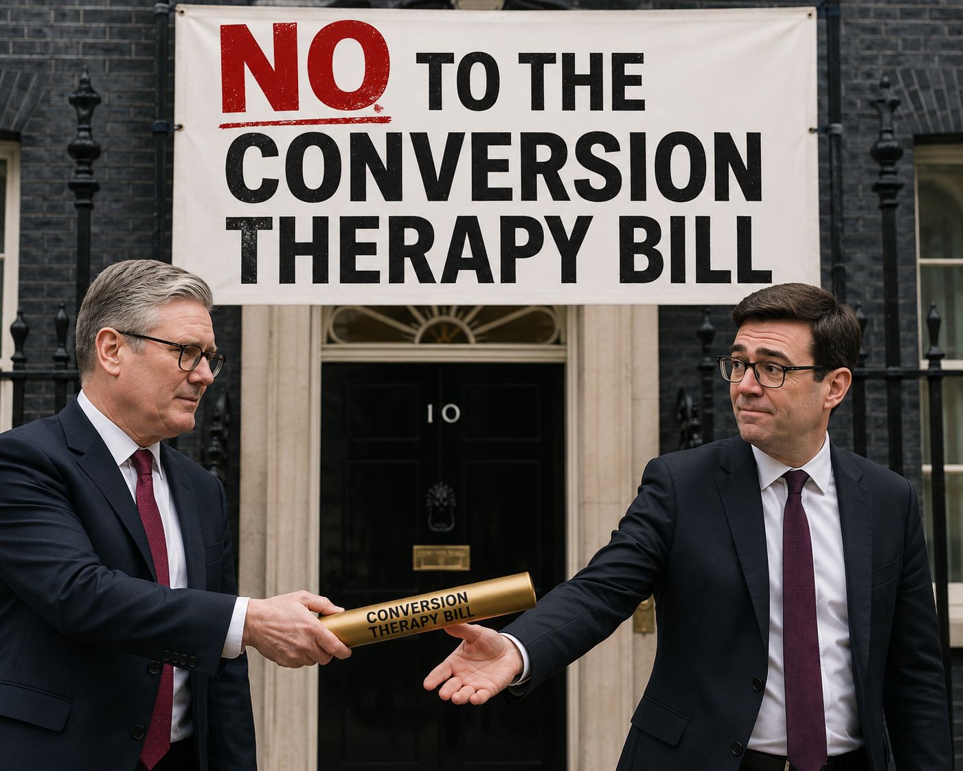 Campaign banner reading 'No to the Conversion Therapy Bill' above the door of 10 Downing Street, with a 'Conversion Therapy Bill' being handed over.